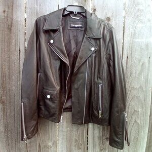 KARL LAGERFELD CLASSIC BLACK LEATHER MOTO STYLE JACKET XL HAND PICTURE BACK